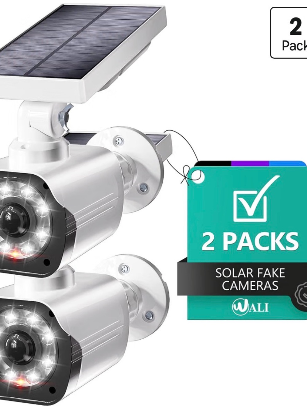 WALI Solar Powered Fake Camera with Motion Sensor Floodlight, 2 Pack, White